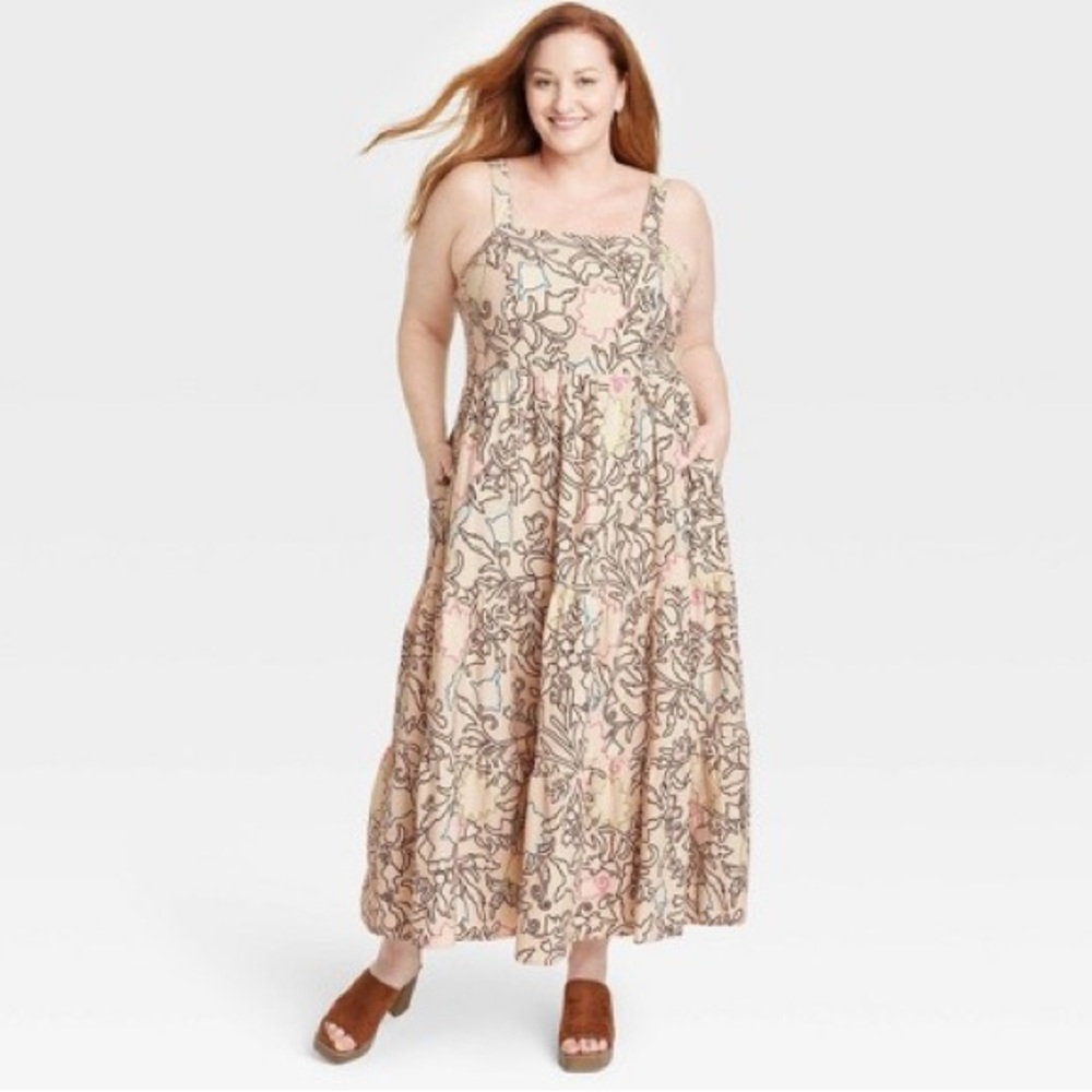 Knox Rose Women's Plus Size Sleeveless A-Line Dress Tan Floral Women’s Size XXL
